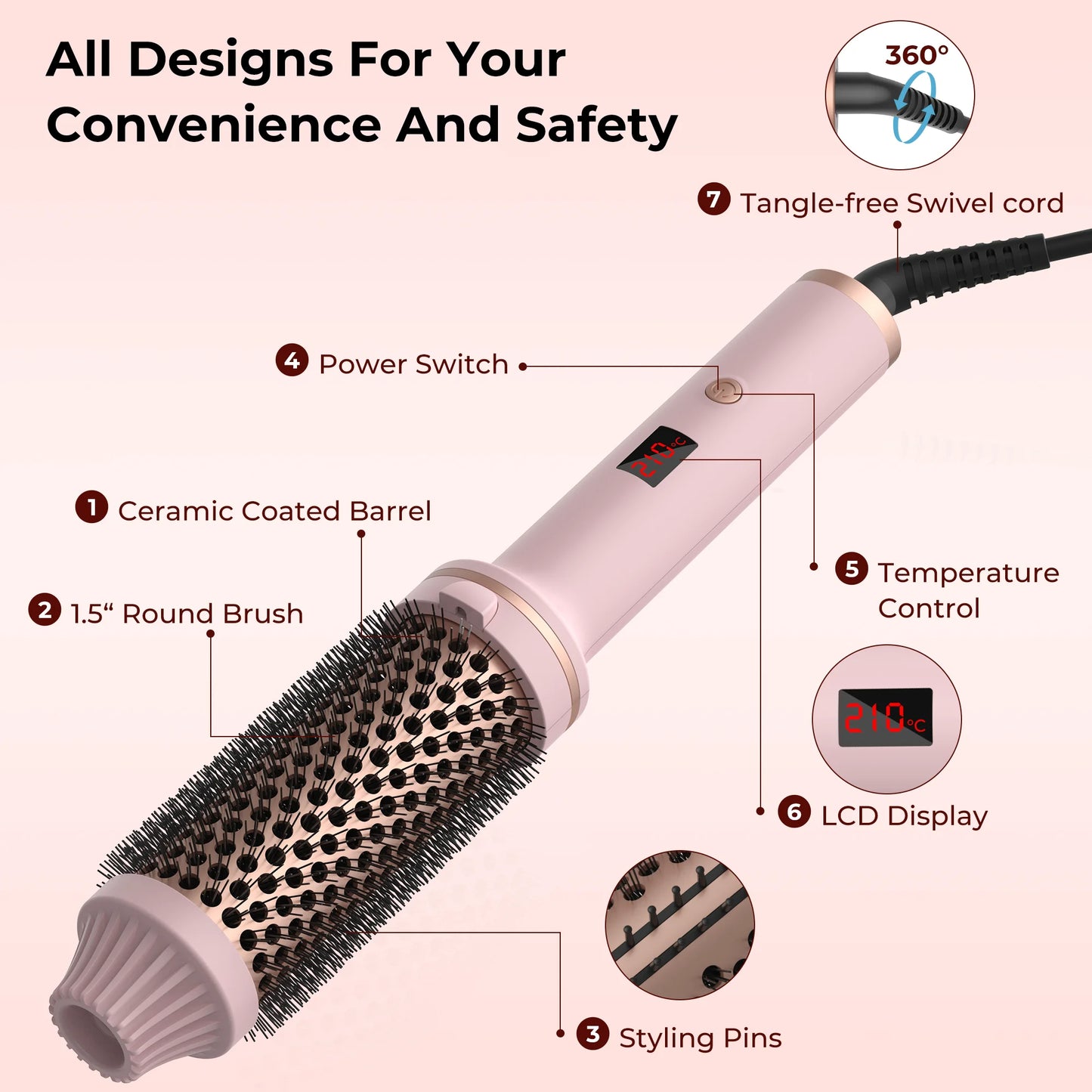 1.5 Inch Ceramic Tourmaline Ionic Heated Curling Brush Professional Volumizing Hot Styling Tool with 10 Heat Settings Dual Voltage Auto Shut Off Pink