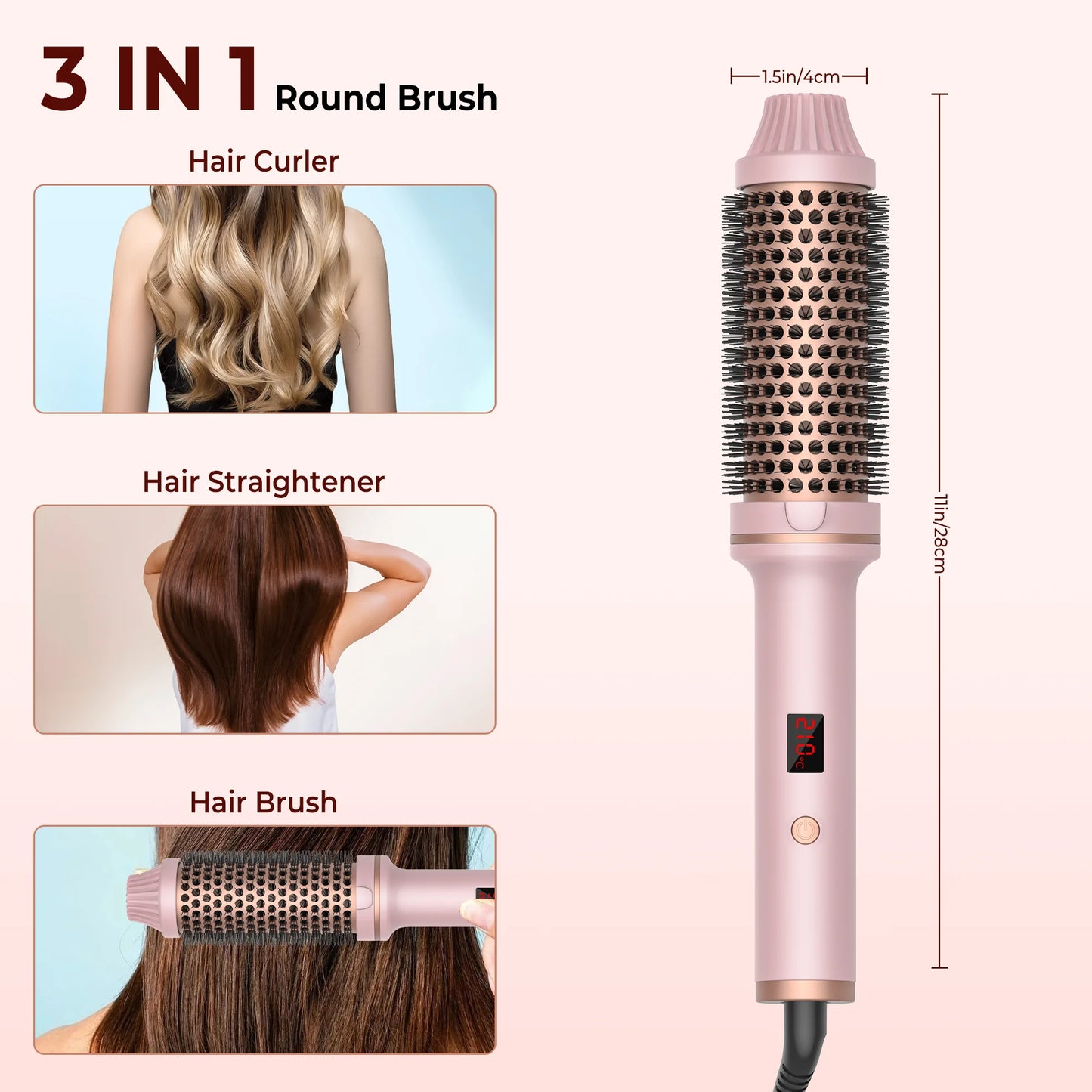 1.5 Inch Ceramic Tourmaline Ionic Heated Curling Brush Professional Volumizing Hot Styling Tool with 10 Heat Settings Dual Voltage Auto Shut Off Red