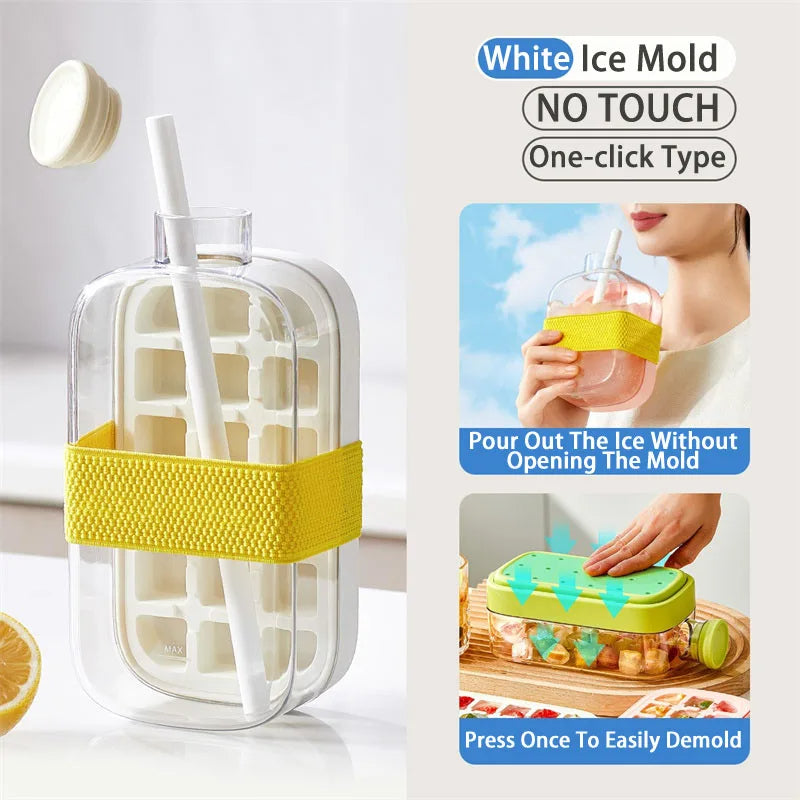 Vassoio per Ghiaccio con Pagliaccetto e Coperchio - Produttore di Ghiaccio 2-in-1 Senza Contatto