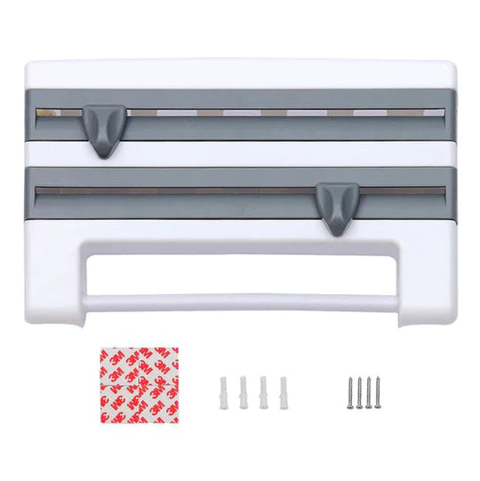 6-W-1 Ścienny obcinacz do folii | Wielofunkcyjny dozownik do folii kuchennej z wbudowanymi obcinaczami do folii spożywczej, folii aluminiowej i uchwytem na ręczniki papierowe
