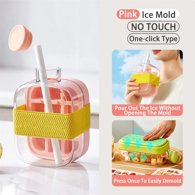 2 in 1 Ice Maker Ice Cube Tray With Straw and Lid Touch Free