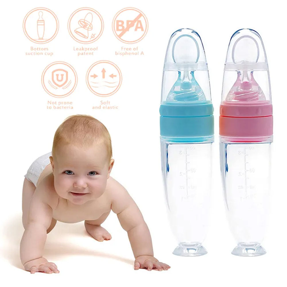 Baby Feeding Squeeze Spoon - BPA Free Silicone Food Dispenser Spoon for Infants and Toddlers, Easy Squeeze Feeder Bottle with Dust Cover for Pureed and Semi-Solid Foods, On-the-Go Baby Weaning Spoon