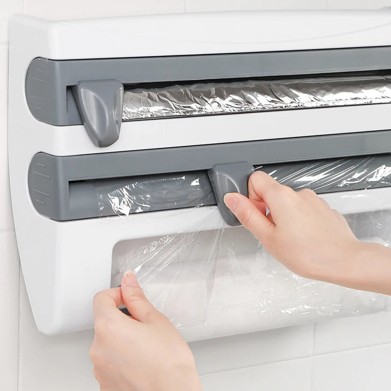 6-W-1 Ścienny obcinacz do folii | Wielofunkcyjny dozownik do folii kuchennej z wbudowanymi obcinaczami do folii spożywczej, folii aluminiowej i uchwytem na ręczniki papierowe