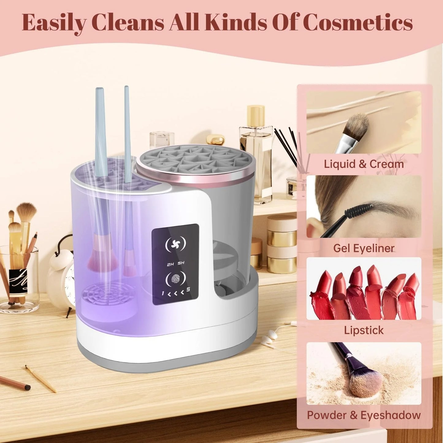 3 in 1 Electric Makeup Brush Cleaner and Dryer Automatic USB Powered Brush Cleaning Machine with Holder Pink