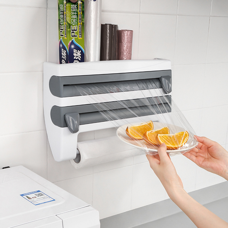 6-W-1 Ścienny obcinacz do folii | Wielofunkcyjny dozownik do folii kuchennej z wbudowanymi obcinaczami do folii spożywczej, folii aluminiowej i uchwytem na ręczniki papierowe