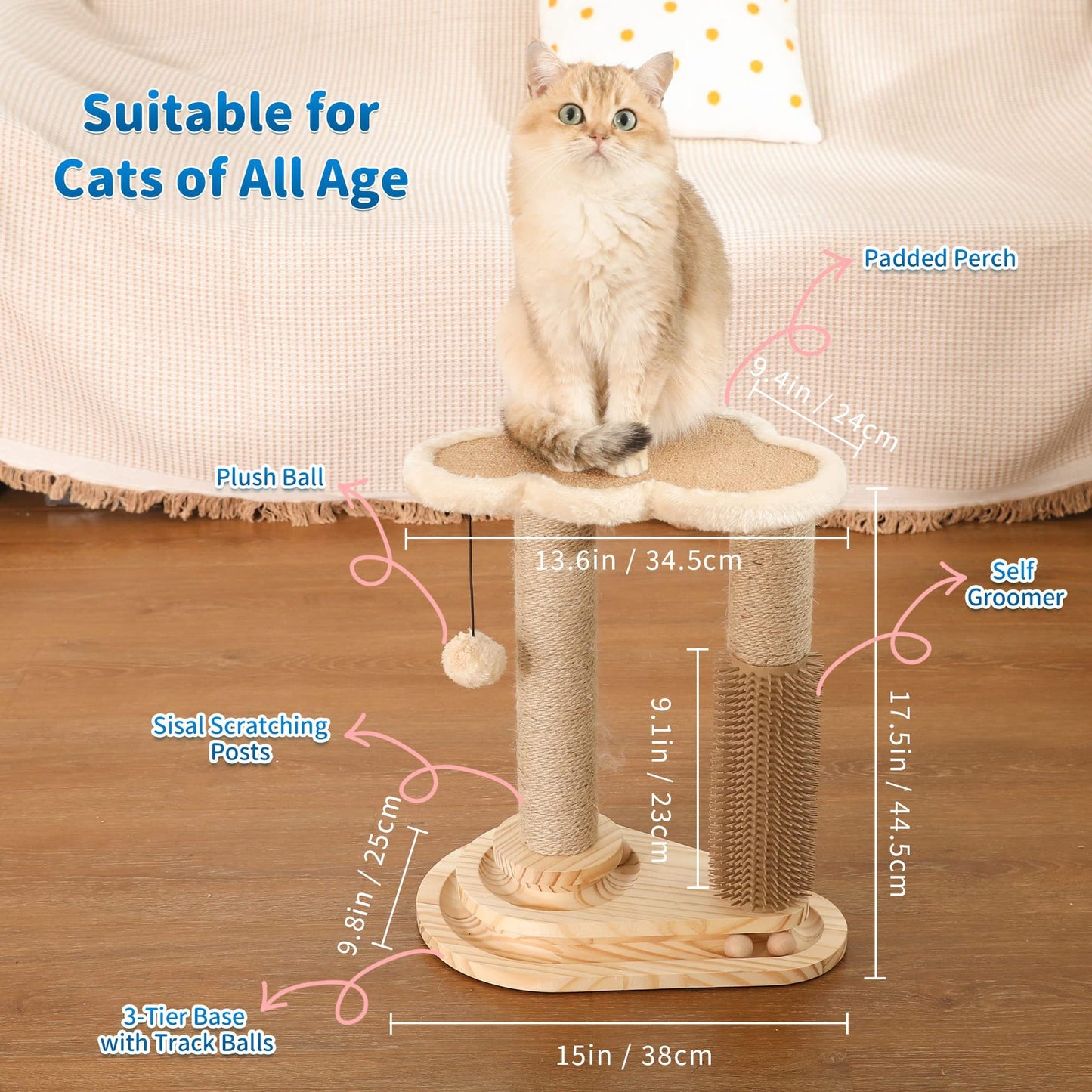 Made4Pets 猫用爪とぎポール セルフグルーマー付き - 高さ17.5インチ 天然サイザル麻スクラッチャー 室内猫用、インタラクティブボールトラックおもちゃ、雲のようなソフトな止まり木、頑丈な木製構造