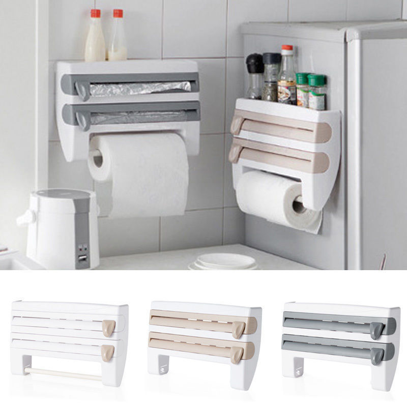 6-W-1 Ścienny obcinacz do folii | Wielofunkcyjny dozownik do folii kuchennej z wbudowanymi obcinaczami do folii spożywczej, folii aluminiowej i uchwytem na ręczniki papierowe