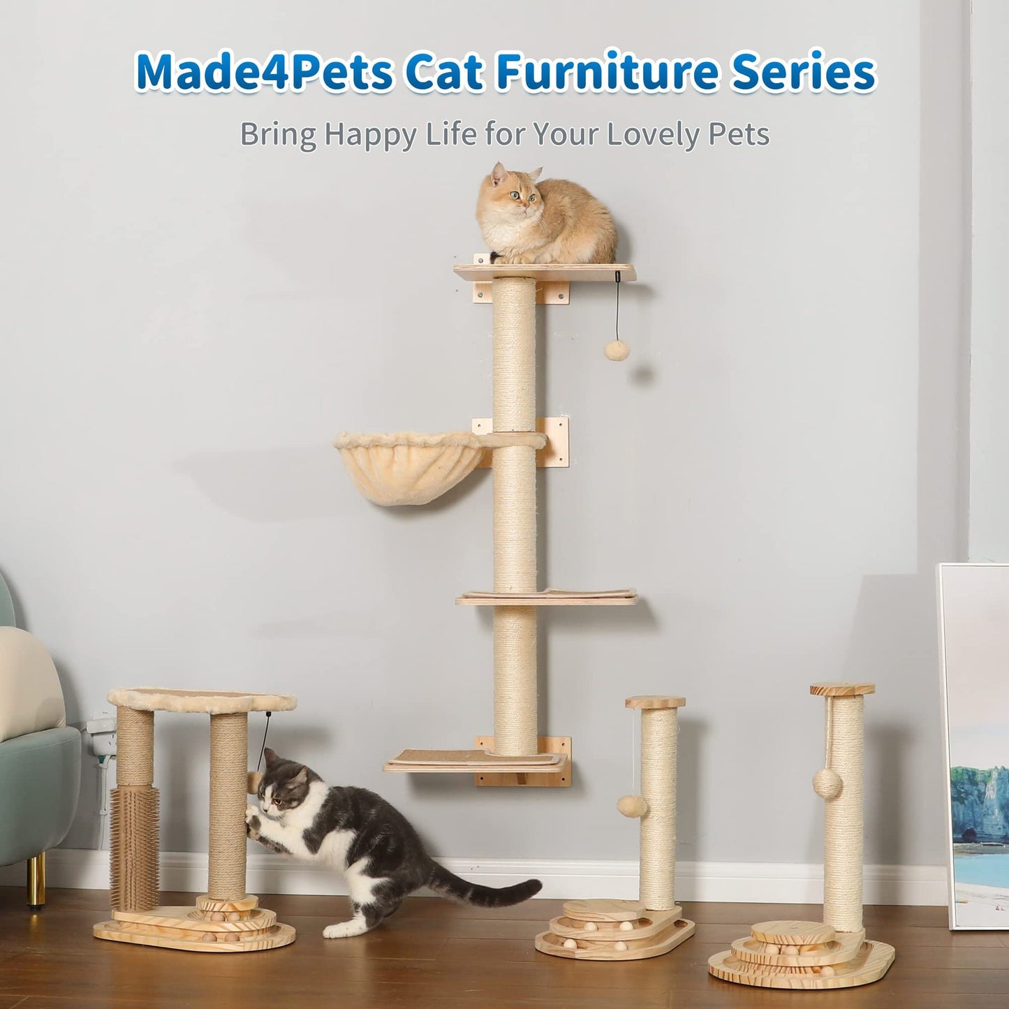 Made4Pets 猫用爪とぎポール セルフグルーマー付き - 高さ17.5インチ 天然サイザル麻スクラッチャー 室内猫用、インタラクティブボールトラックおもちゃ、雲のようなソフトな止まり木、頑丈な木製構造