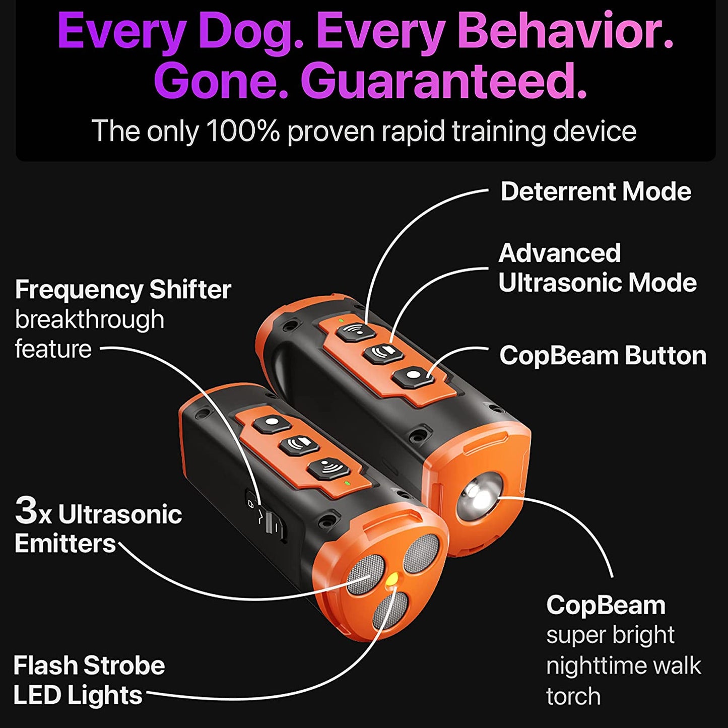 Dog Repeller Ultrasonic Dog Training Device - Anti Barking Deterrent with Triple Emitter, LED Flashlight, Rechargeable Battery for Safe Humane Behavior Control Indoor Outdoor Use