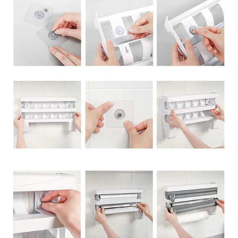 6-W-1 Ścienny obcinacz do folii | Wielofunkcyjny dozownik do folii kuchennej z wbudowanymi obcinaczami do folii spożywczej, folii aluminiowej i uchwytem na ręczniki papierowe