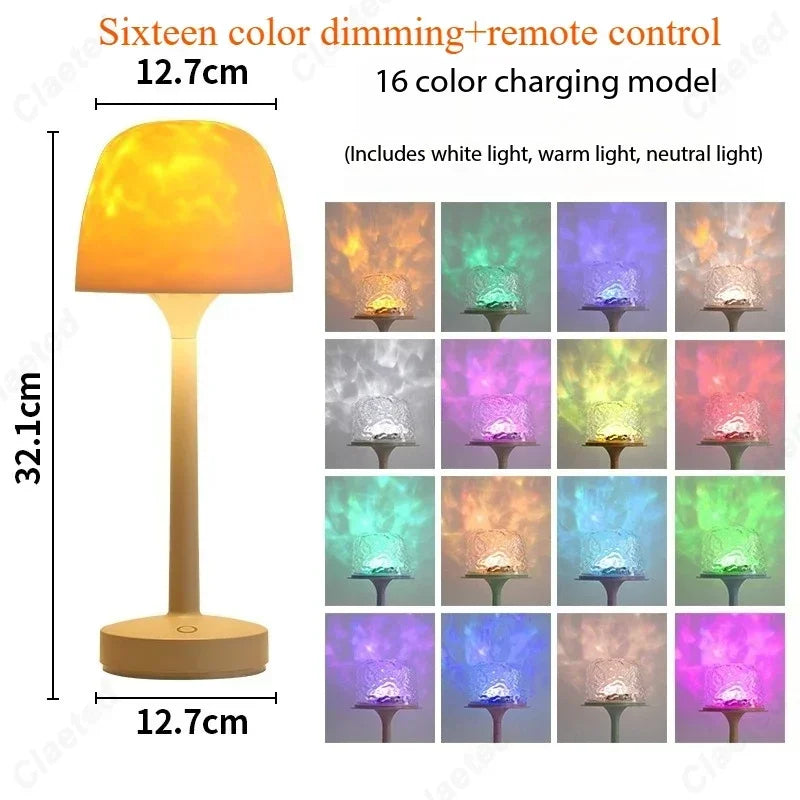 Lampada da Tavolo a Forma di Fungo con Proiezione Onde d'Acqua - Luce Ambientale LED a 16 Colori con Controllo Tattile per Camera da Letto, Salotto e Decorazione per la Casa