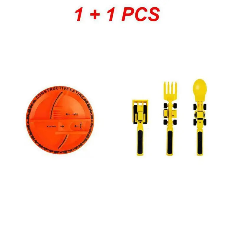 Set di Posate e Piattino Costruttivo - Stoviglie per Bambini Senza BPA con Forchetta Bulldozer, Cucchiaio Escavatore e Piattino Costruttivo Diviso