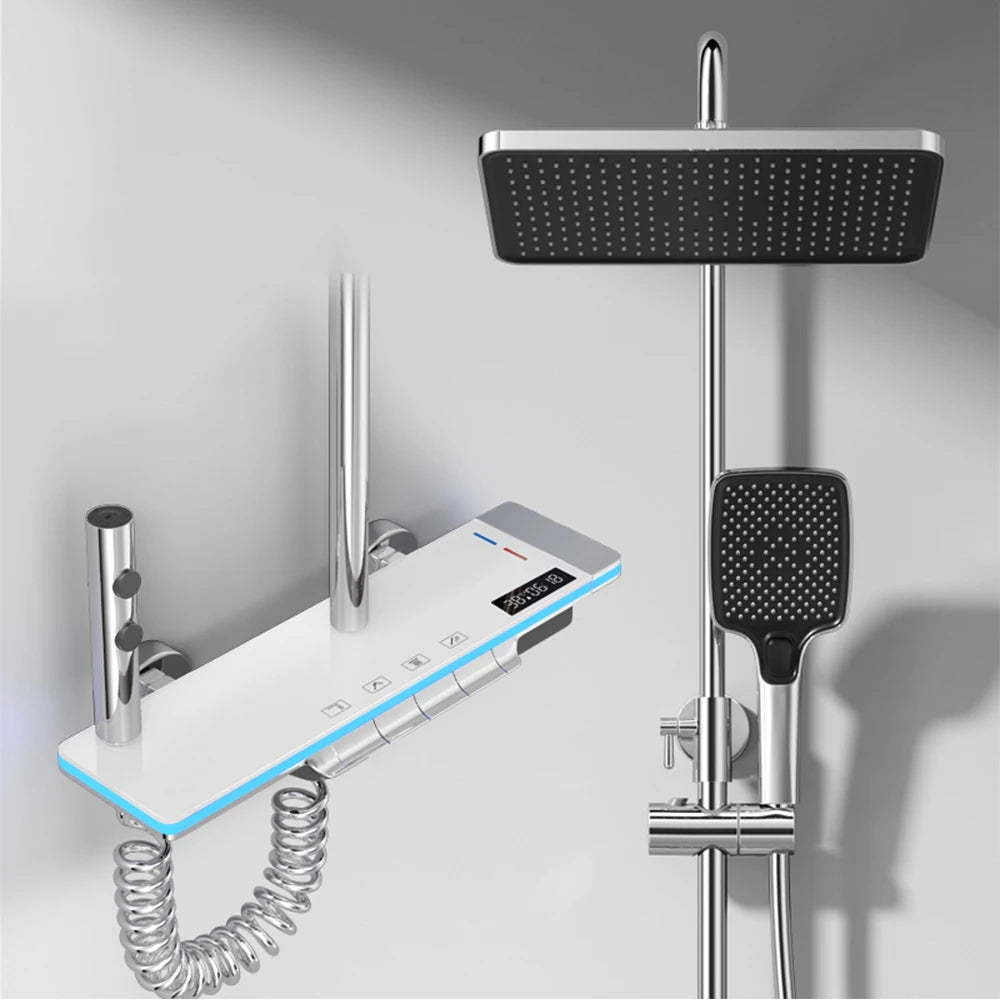 Set di Sistema Doccia Termostatico di Lusso con Controlli a Tasto Piano, Illuminazione Ambientale LED e Display Digitale della Temperatura