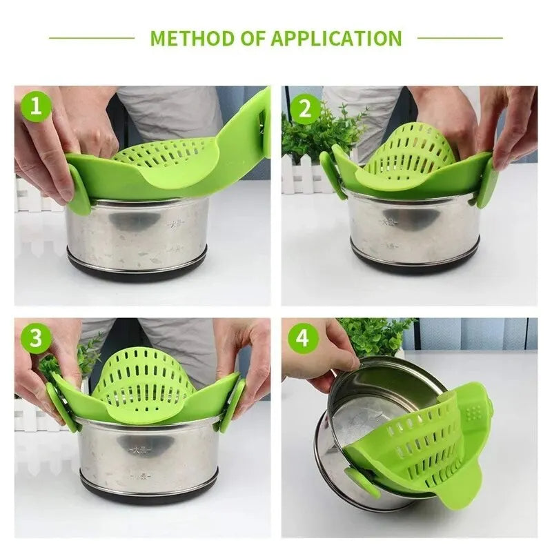 Adjustable Clip On Silicone Pot Strainer Universal Colander for Pasta Vegetables and Canned Foods