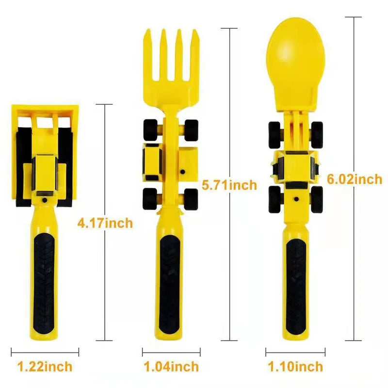 BPA Free Constructive Eating Construction Utensils and Plate Set with Toddler Mealtime Tableware Bulldozer Fork and Excavator Spoon