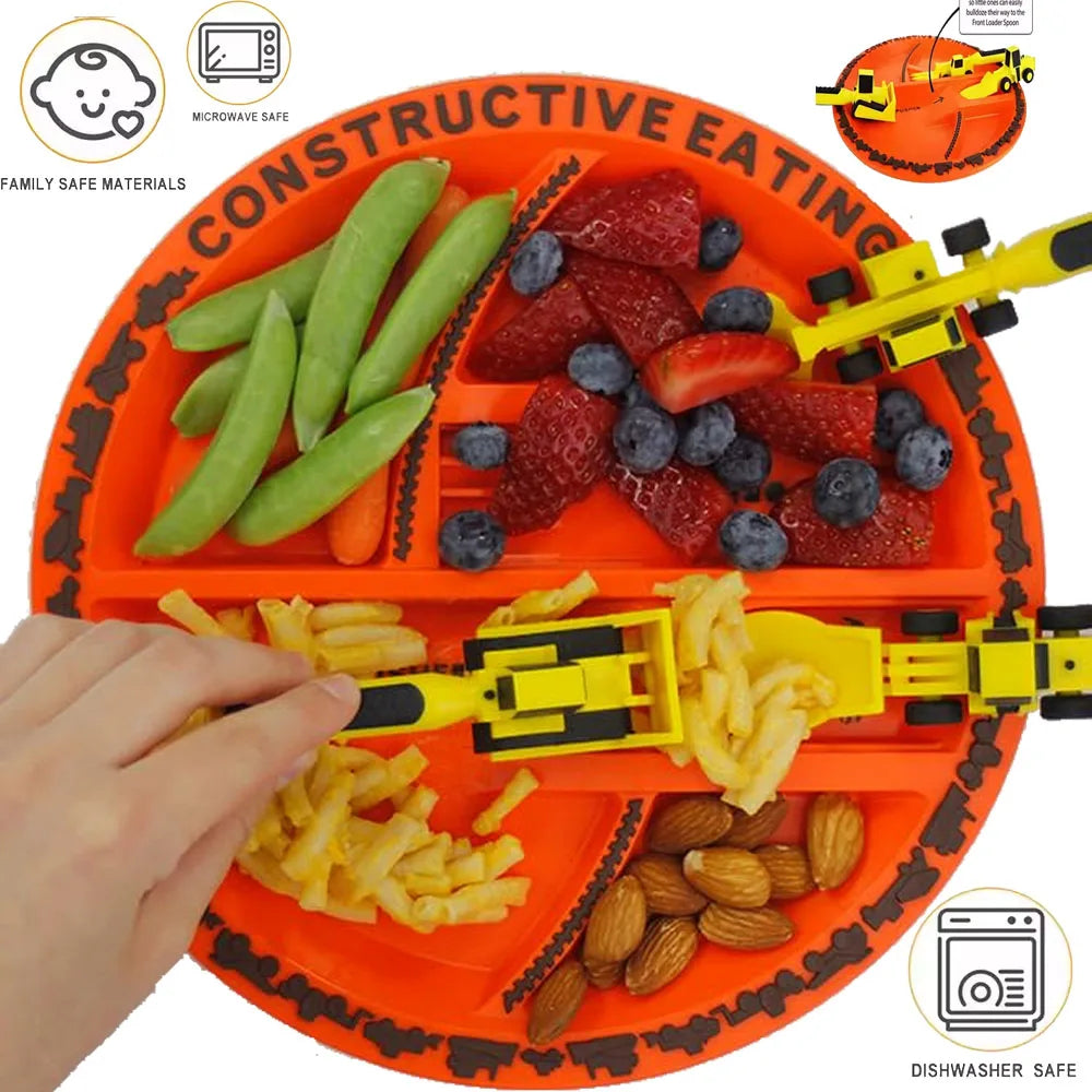 BPA Free Toddler Mealtime Tableware Constructive Eating Construction Utensils and Plate Set with Bulldozer Fork and Excavator Spoon