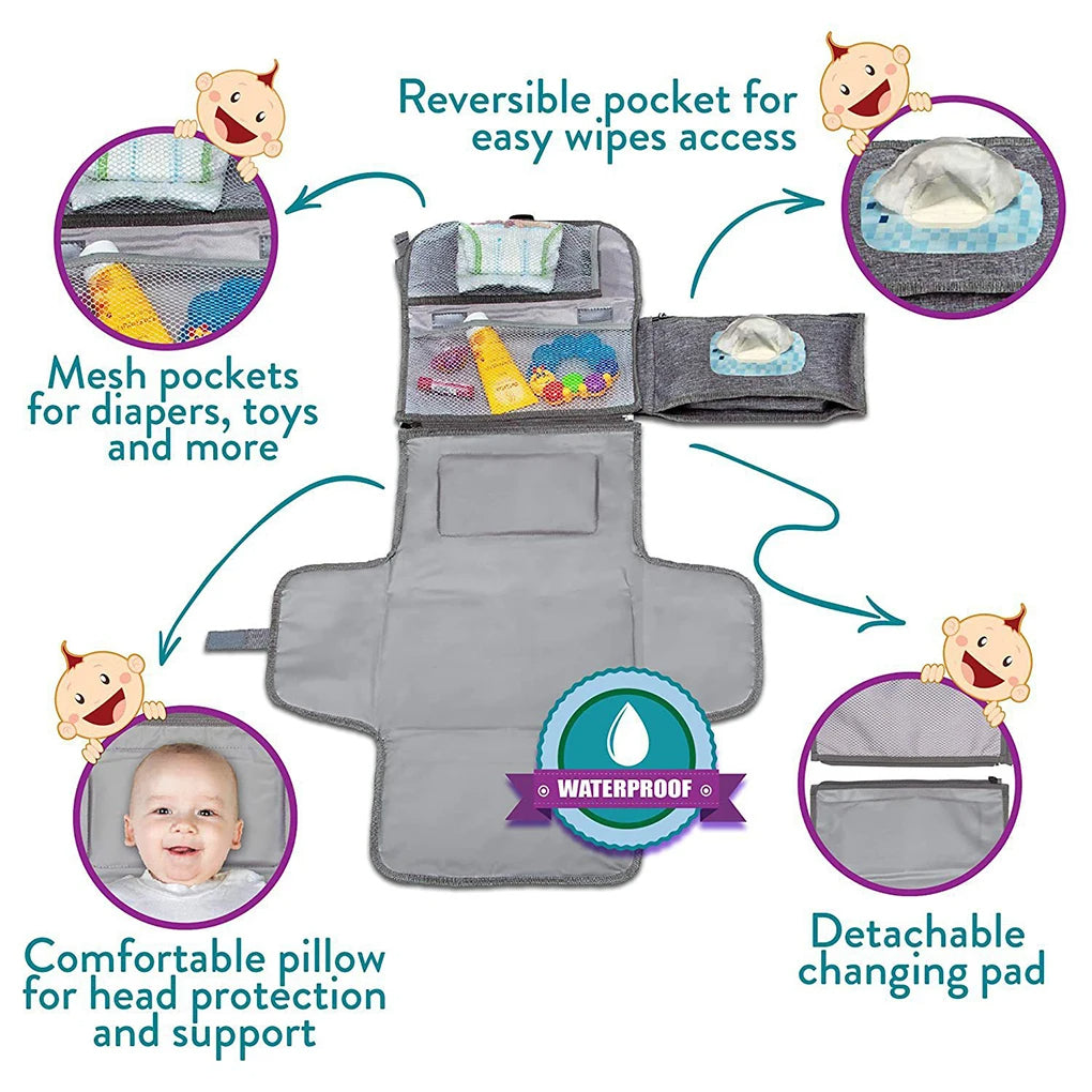 Baby Changing Pad Portable with Built in Pillow Waterproof Foldable Diaper Mat and Stroller Strap