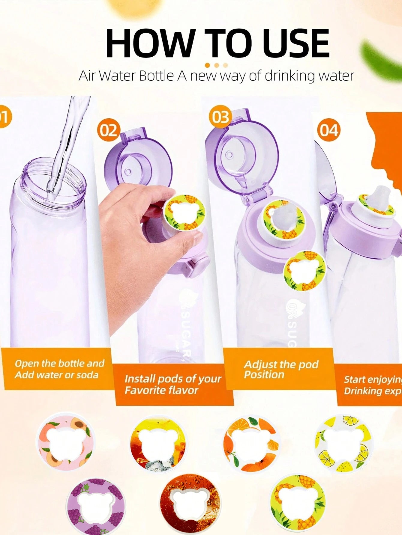 Bear Fruit Flavor Pods Zero Sugar Zero Calorie Scent Pods for Water Bottles 7 Piece Fruit Flavor Ring Set Compatible with 650ml Flavored Water Bottles