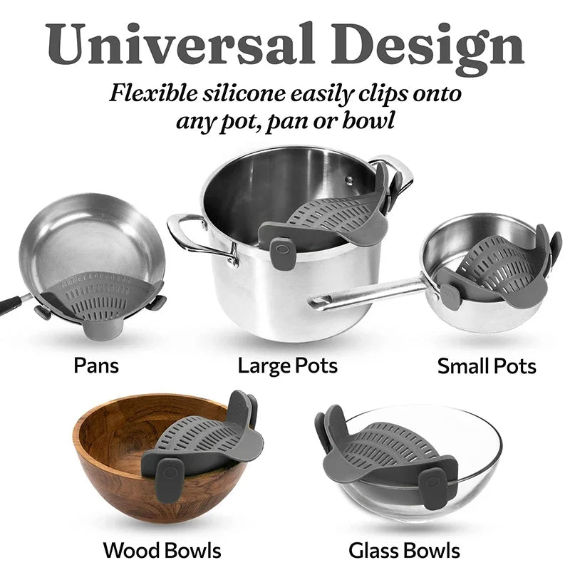 Clip On Universal Silicone Pot Strainer Adjustable Colander for Pasta Vegetables and Canned Foods