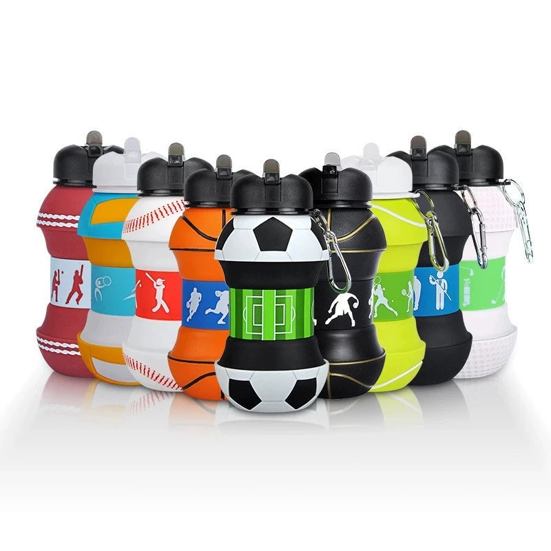 Collapsible Silicone Sports Ball Bottle Foldable Water Bottle with Carrying Clip and Leak Proof Design