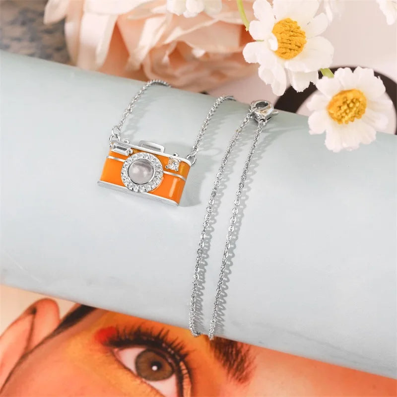 Brugerdefineret fotokamera projektionshalskæde Personligt vintage kamerasmykker med skjult fotoprojektionsguld