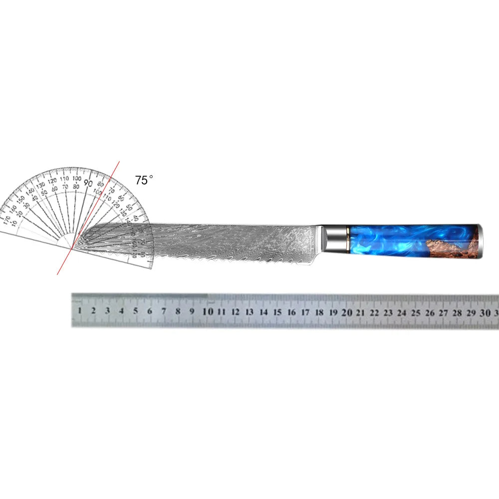Damascus 7 Inch Steel Bread Slicer German Stainless Steel Professional Bread Knife with Serrated Edge and Ergonomic Blue Handle Black