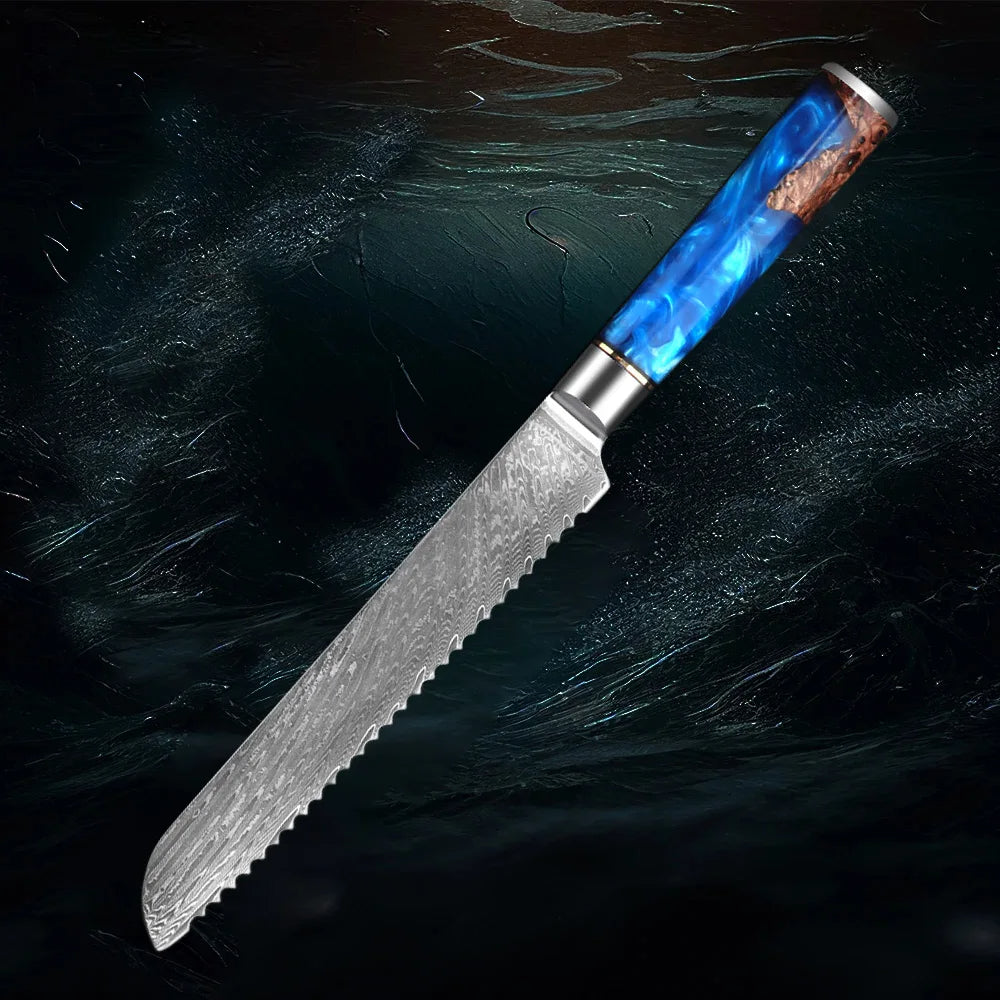 Damascus 7 Inch Steel Bread Slicer German Stainless Steel Professional Bread Knife with Serrated Edge and Ergonomic Blue Handle Blue