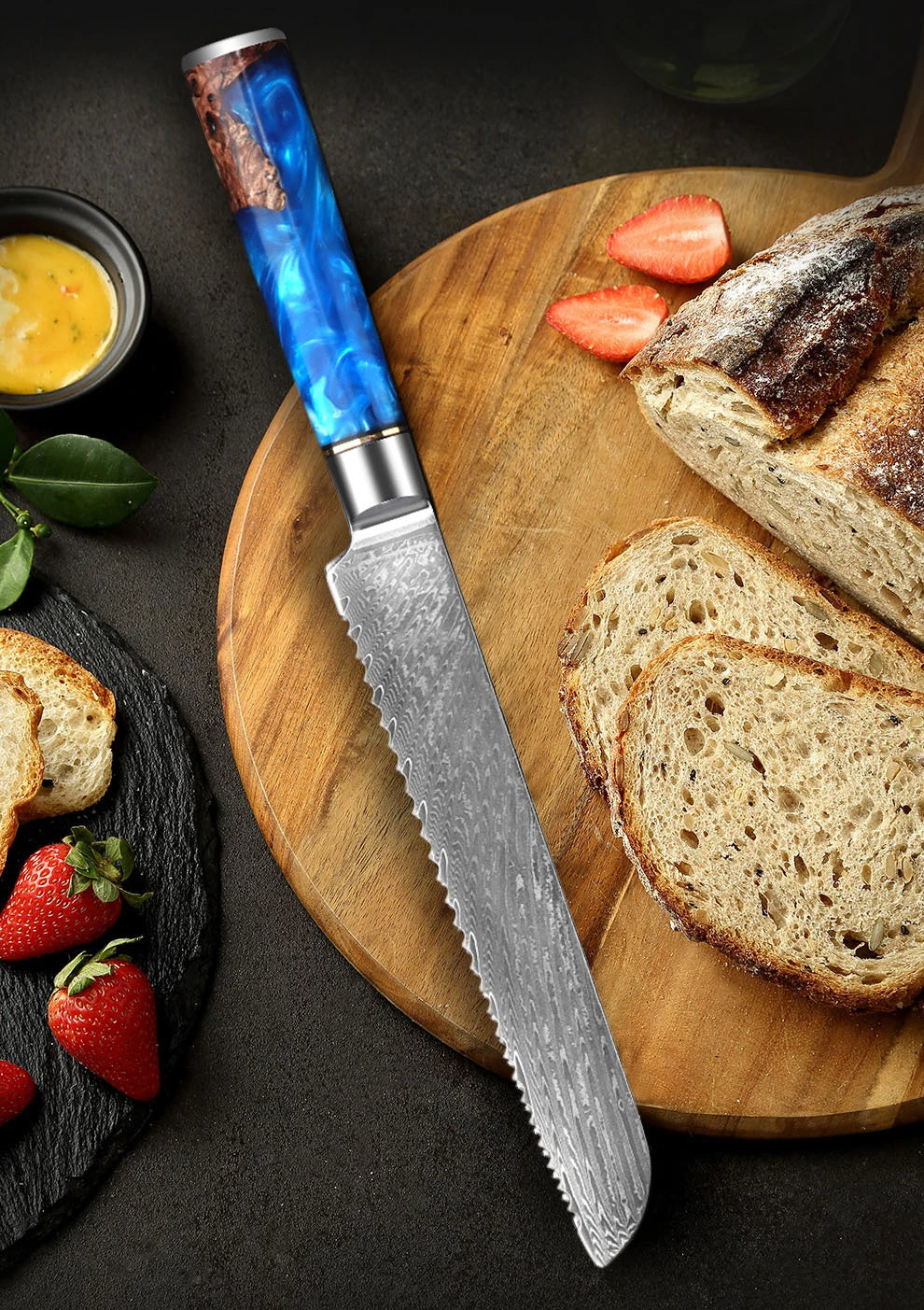 Damascus 7 Inch Steel Bread Slicer German Stainless Steel Professional Bread Knife with Serrated Edge and Ergonomic Blue Handle Green