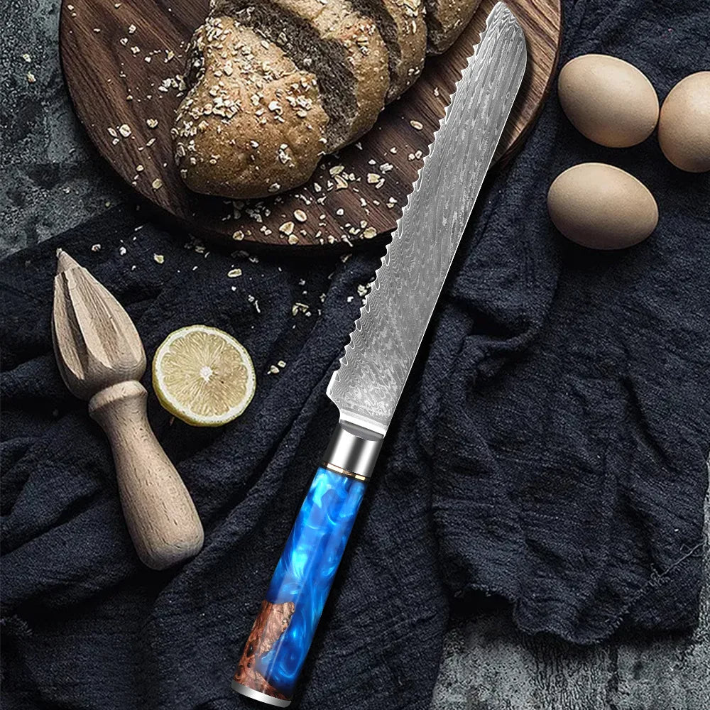 Damaskus 7 tommer stål brødskærer tysk rustfrit stål professionel brødkniv med takket kant og ergonomisk blåt håndtag rosa guld