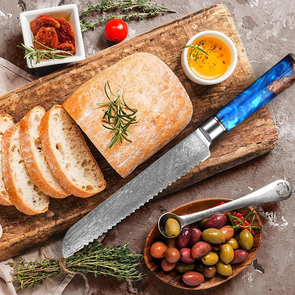 Damascus 7 Inch Steel Bread Slicer German Stainless Steel Professional Bread Knife with Serrated Edge and Ergonomic Blue Handle Silver