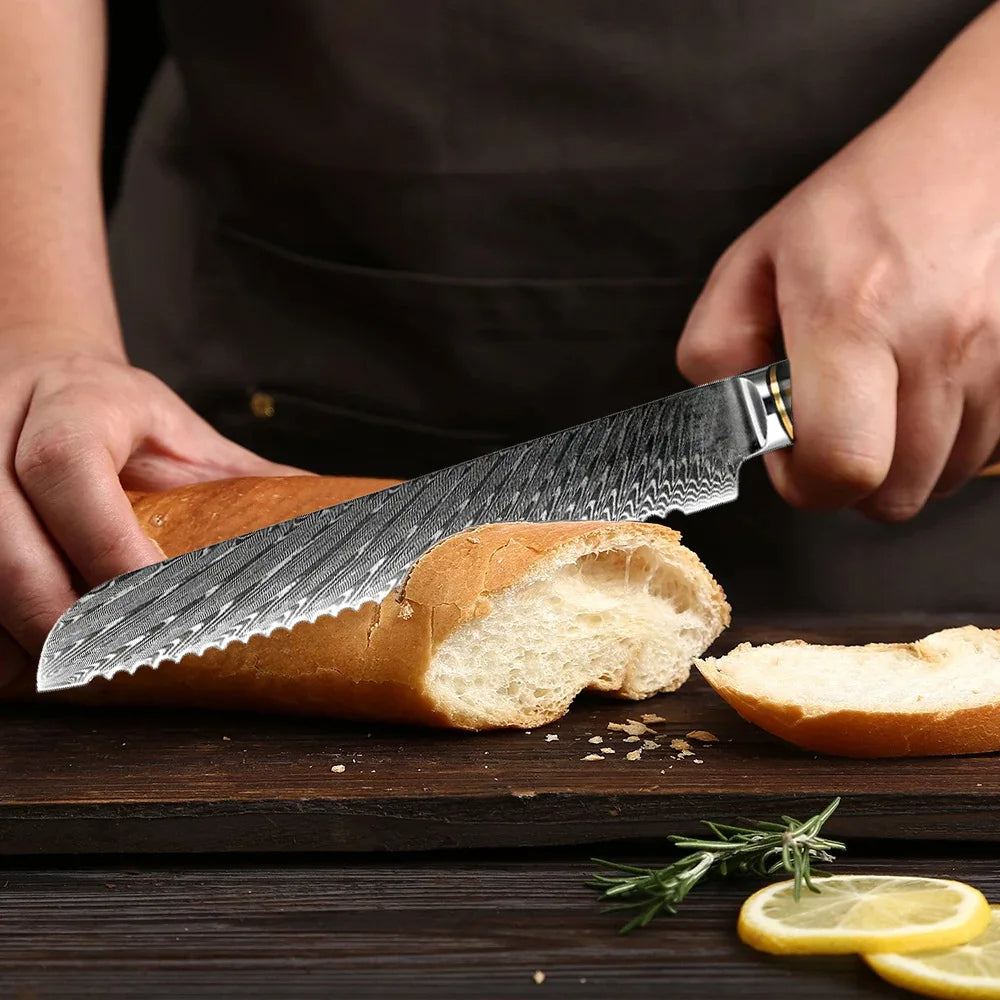 Damascus 7 Inch Steel Bread Slicer German Stainless Steel Professional Bread Knife with Serrated Edge and Ergonomic Blue Handle White