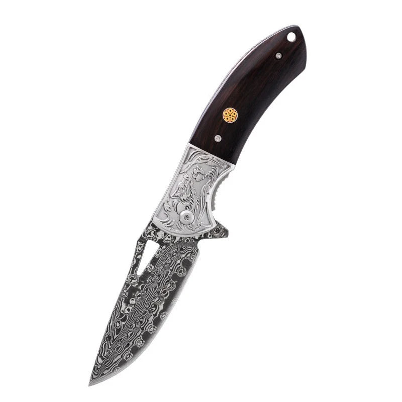 EDC and Outdoor Survival Premium Damascus Steel Folding Pocket Knife with Hand Forged Blade