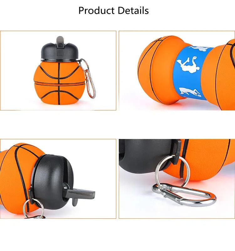 Foldable Collapsible Silicone Sports Ball Water Bottle with Leak Proof Design and Carabiner Clip
