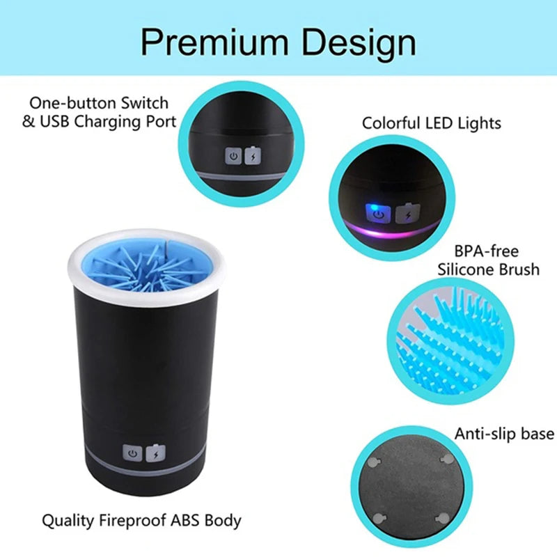 Automatisk Paw Cleaner lavet af højkvalitets, holdbare materialer, designet til at rense kæledyrs poter hurtigt og effektivt, skånsomt mod pels og hud.