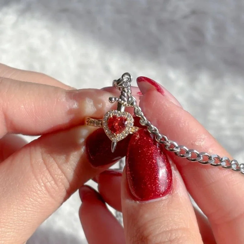 Conjunto de Anel de Coração e Pulseira de Espada para Casais Conjunto de Joias Simbólicas a Combinar para Presente Preto