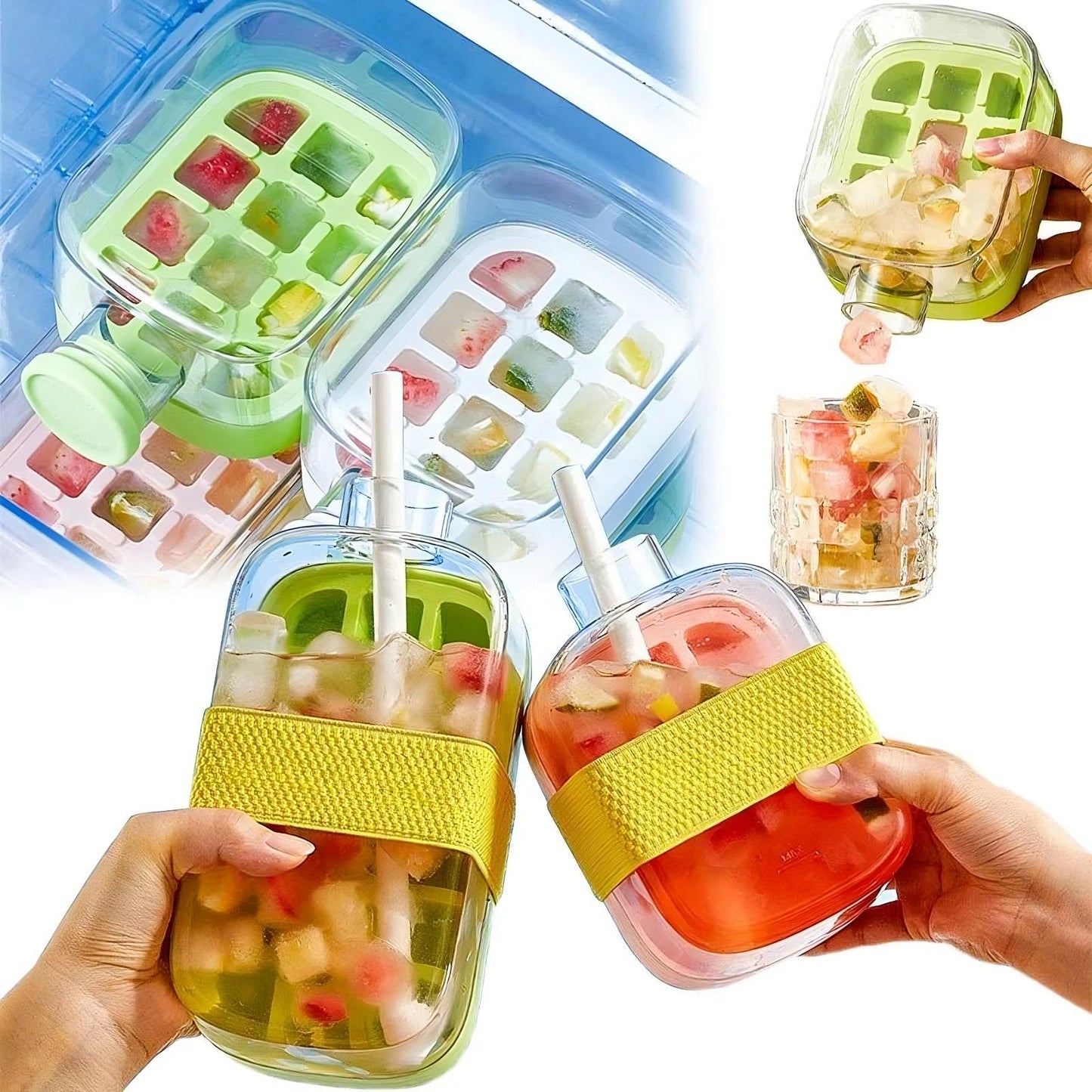 Ice Cube Tray With Straw and Lid 2 in 1 Touch Free Ice Maker