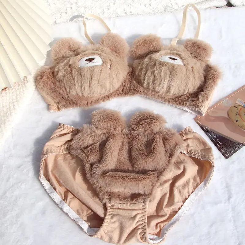 Kawaii Japanese Plush Bear Cartoon Bra Lingerie Set Wireless Comfortable Women