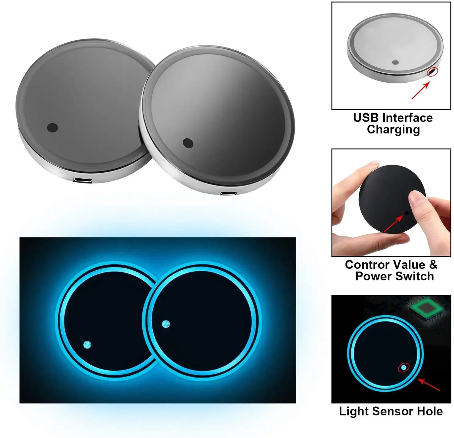 أضواء LED لحامل أكواب السيارة، 7 ألوان متغيرة، وسادة كوب مقاومة للماء قابلة لإعادة الشحن عبر USB لإضاءة جو السيارة الداخلي - أخضر