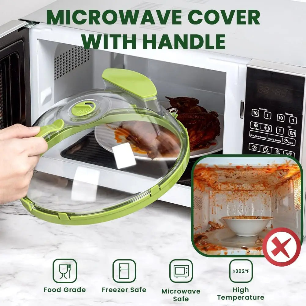 Microwave Food Cover with Water Steamer 10 Inch Heat Resistant Splatter Guard with Handle Green
