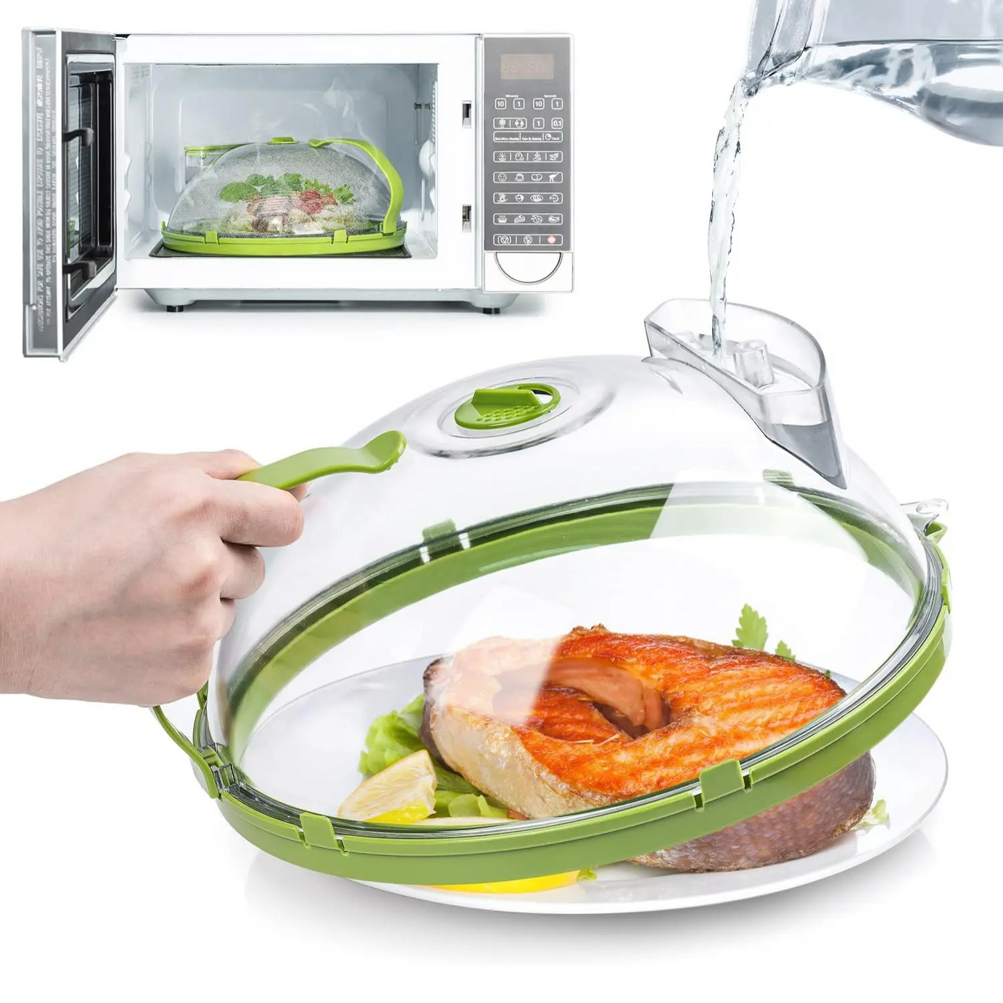 Microwave Food Cover with Water Steamer 10 Inch Heat Resistant Splatter Guard with Handle Transparent