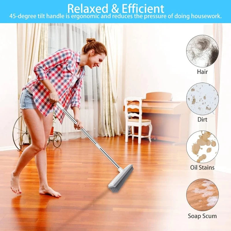 Pet Hair Removal Broom with Soft Silicone Bristles Adjustable Long Handle Fur Remover for Carpet Hardwood and Tile Floors Green