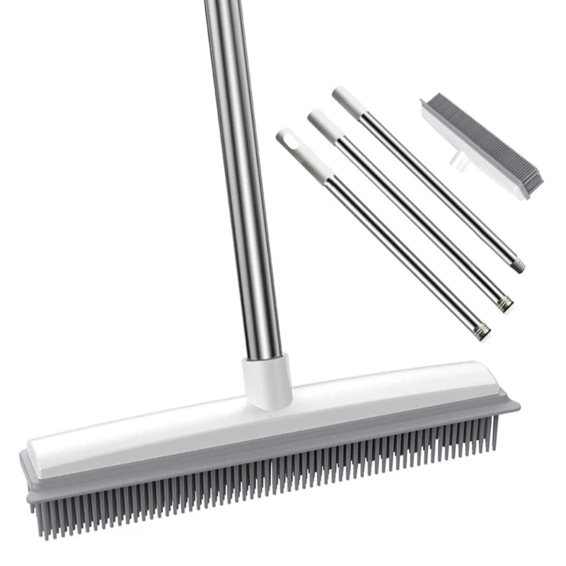 Pet Hair Removal Broom with Soft Silicone Bristles Adjustable Long Handle Fur Remover for Carpet Hardwood and Tile Floors Red