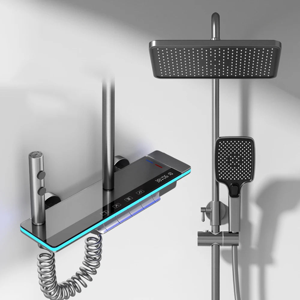 Piano Key Luxury Thermostatic Shower System with Digital Temperature Display and LED Lighting