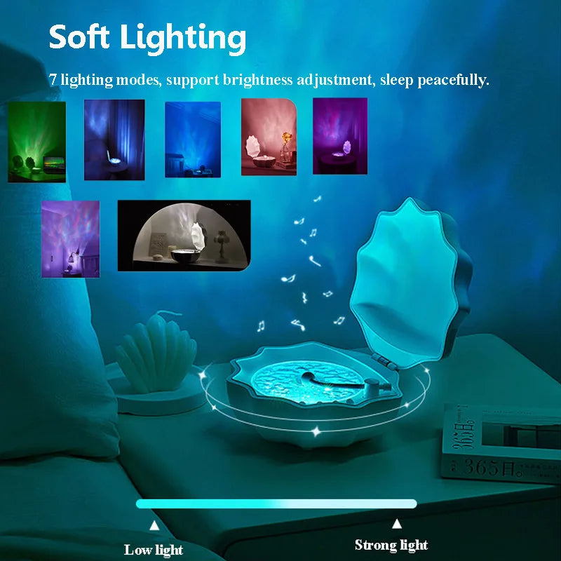 Shell Vinyl Bluetooth Speaker with 7 Color Ambient Light Projection Retro Wireless Music Player with White Noise Sleep Aid Blue