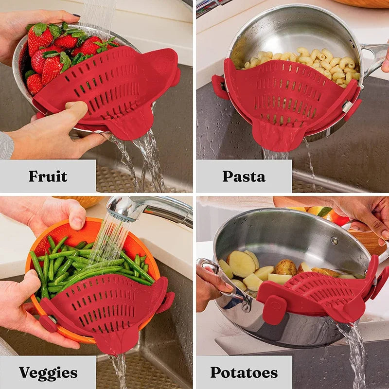 Silicone Universal Pot Strainer Clip Adjustable Clip On Colander for Pasta Vegetables and Canned Foods