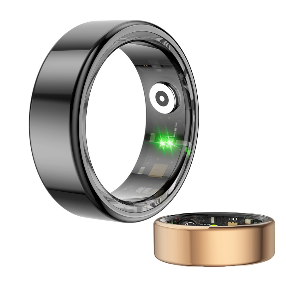 Smart Ring realizzato con materiali resistenti e leggeri, monitora i parametri di salute, riceve notifiche e si sincronizza con i dispositivi mobili per offrire praticità e stile.