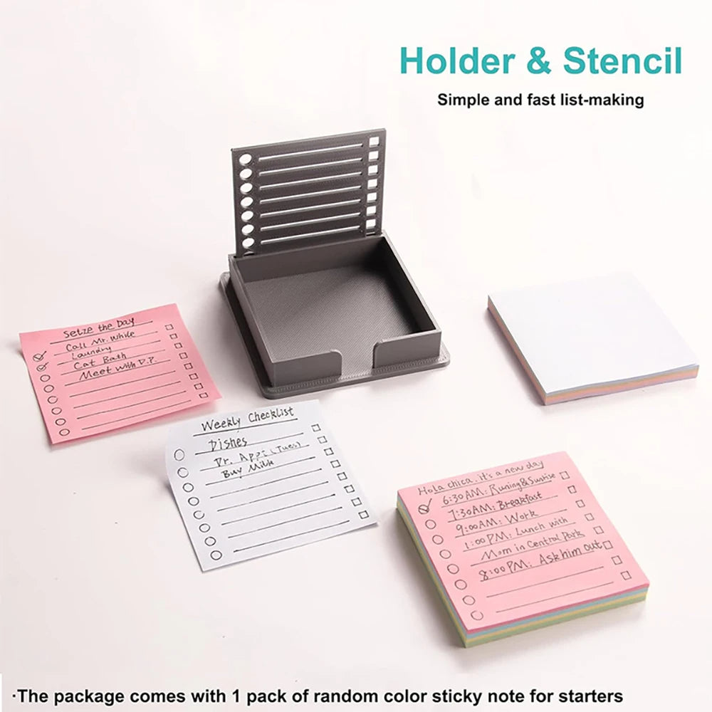 Sticky Note Holder with Template 3x3 Post It Note Organizer with Built in Stencil for Checkboxes Lines Circle Boxes Blue