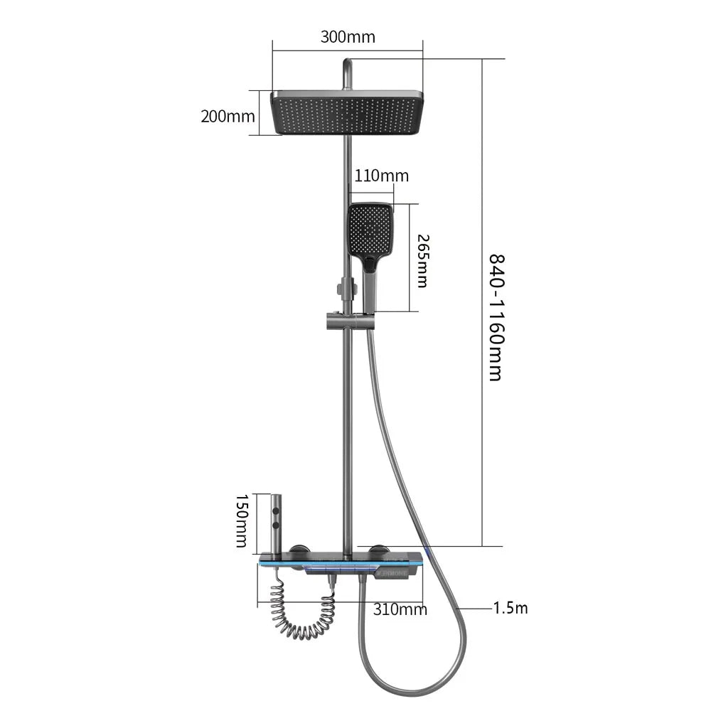 Thermostatic Shower System Luxury Set with Piano Key Controls Digital Temperature and LED Lighting