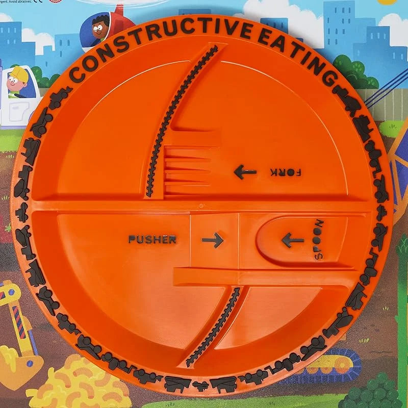 Småbørns måltidsservice Konstruktivt spiseredskaber og opdelt tallerken med bulldozergaffel og gravemaskineske