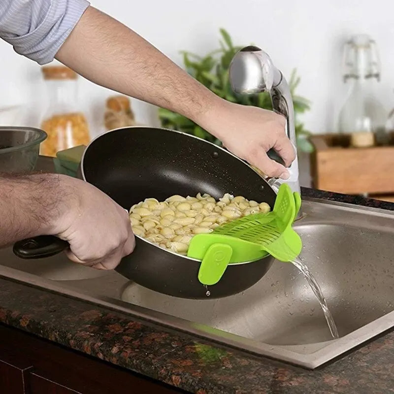 Universal Adjustable Silicone Pot Strainer Clip Colander for Pasta Vegetables and Canned Foods